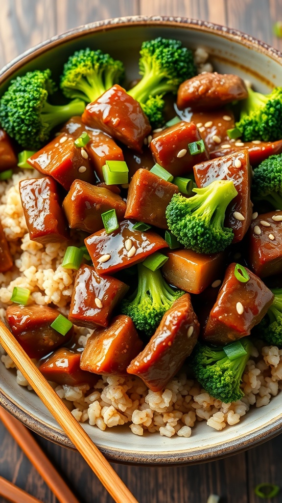Beef and broccoli stir-fry with brown rice, garnished with sesame seeds and green onions.
